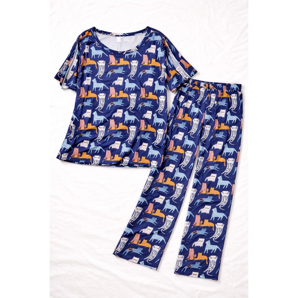 Nanu Women 3X Blue Cat Print Pajama Set NWT Short Sleeve Top and Pants PJ Set